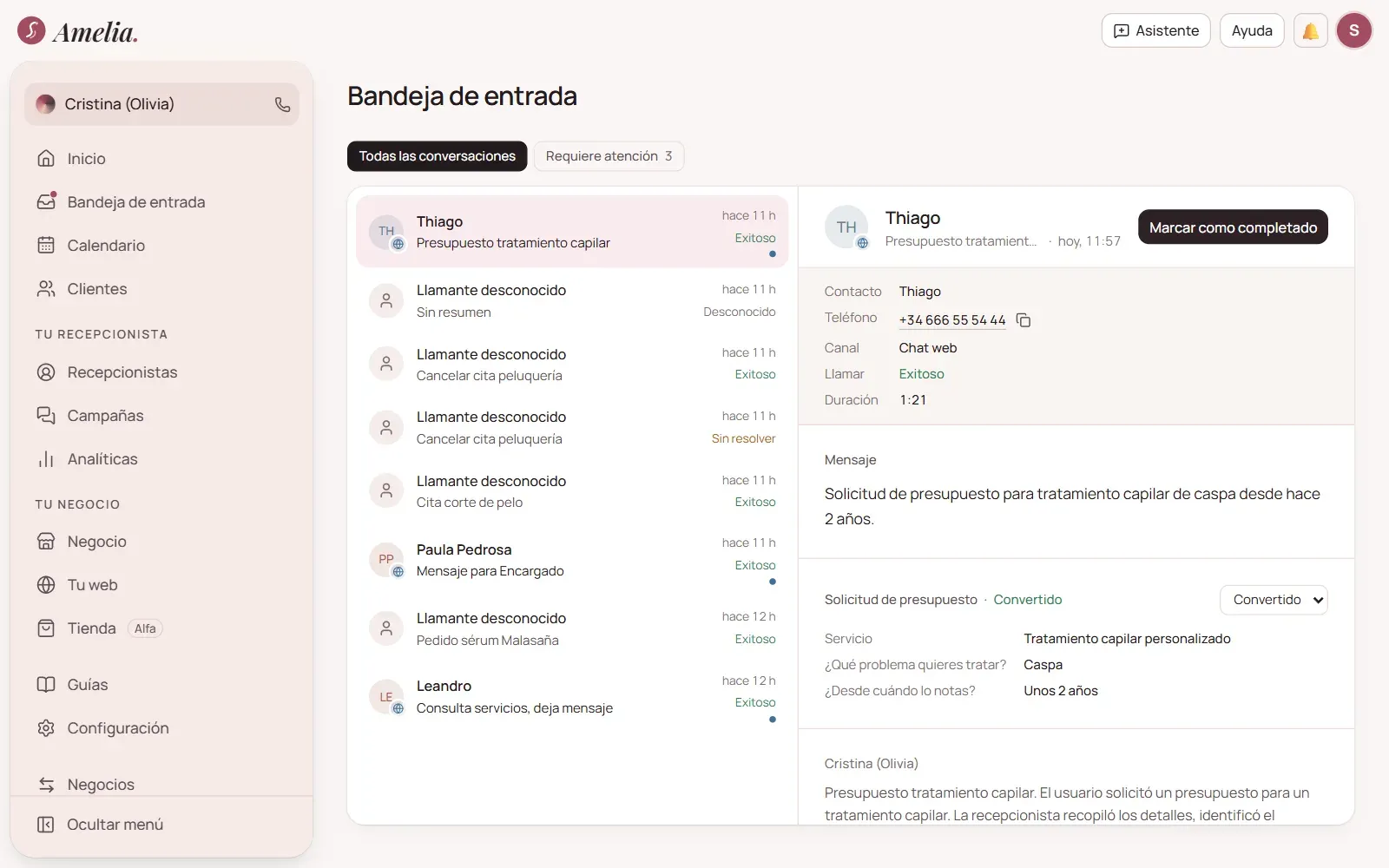 Bandeja de entrada con la lista de conversaciones y el resumen de una llamada
