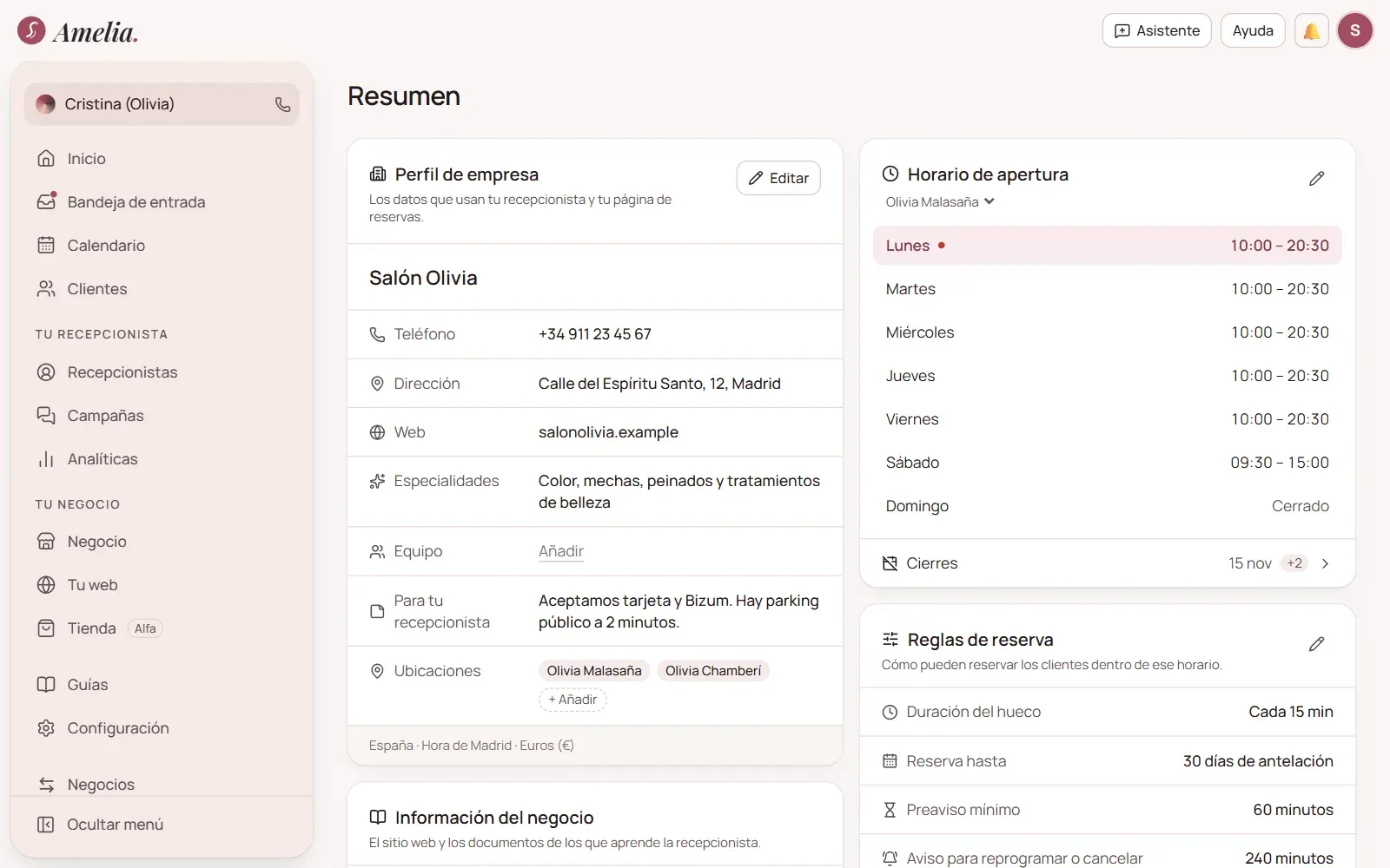 Perfil de empresa, horario de apertura y reglas de reserva de un salón de belleza