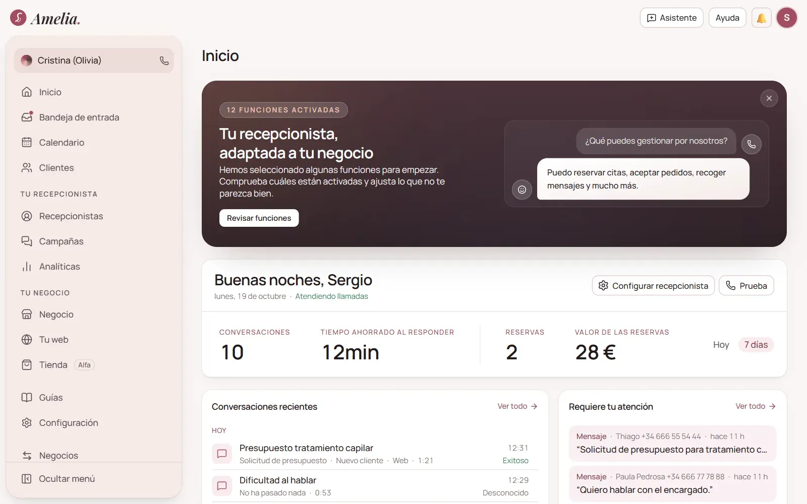 Inicio de Amelia con las conversaciones recientes, las reservas y lo que requiere atención