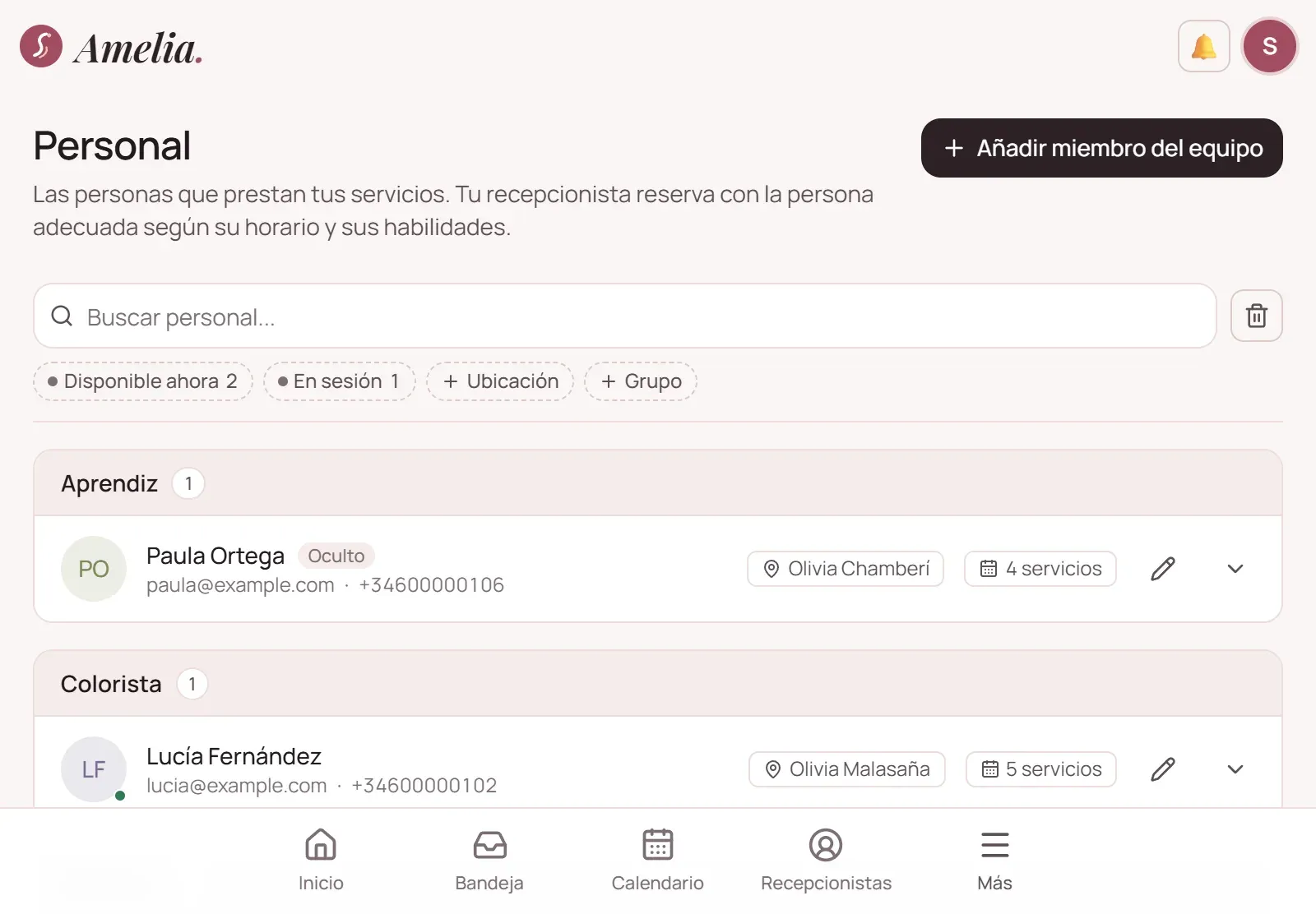 Personal de un salón de belleza en un iPad, con sus locales y servicios