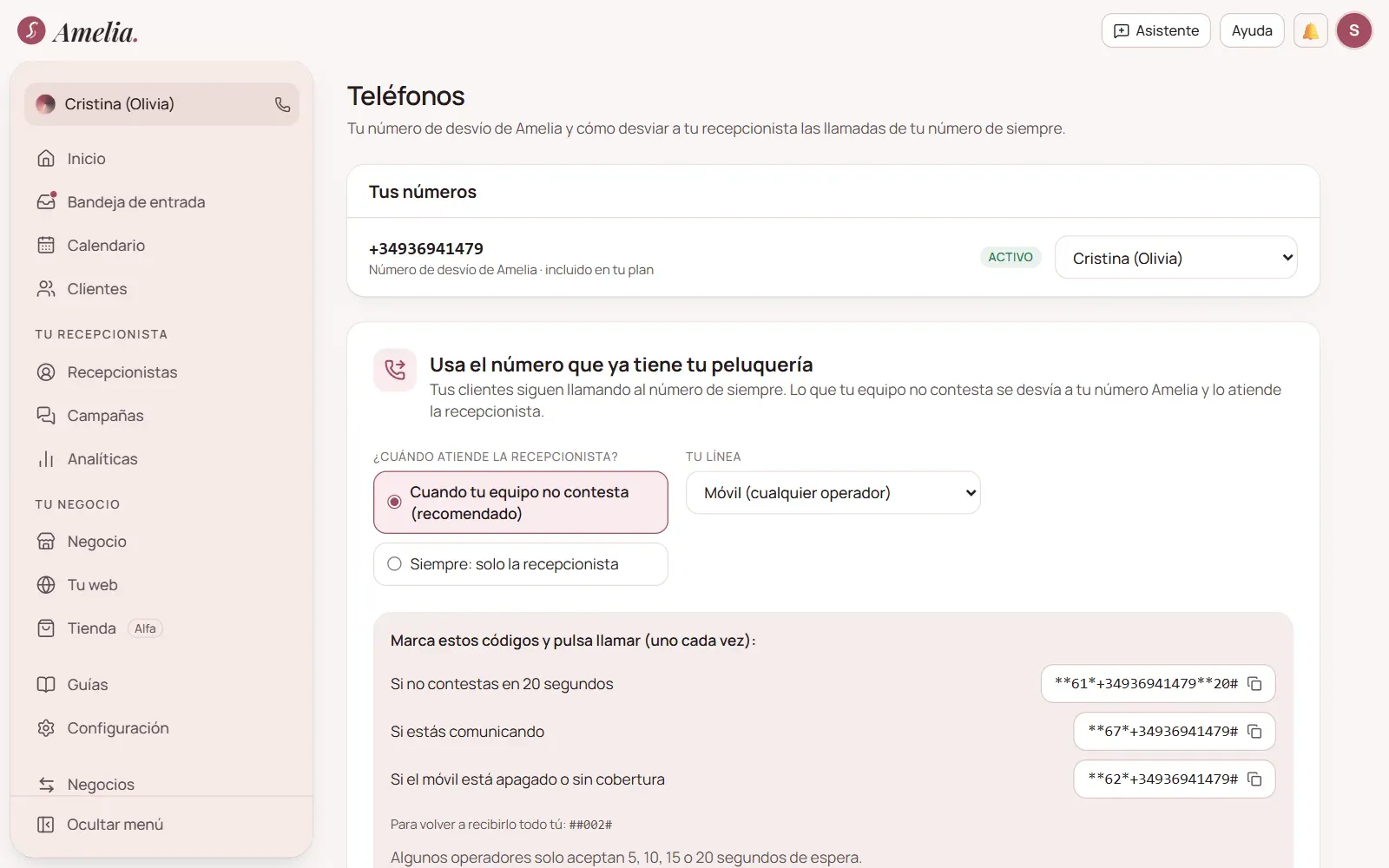 Pantalla de teléfonos con el número de desvío de Amelia